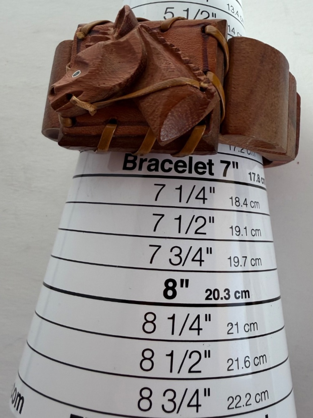 Vintage Wooden Cuff  with a Hand-Carved Horse Head Detail with Leather Lacing